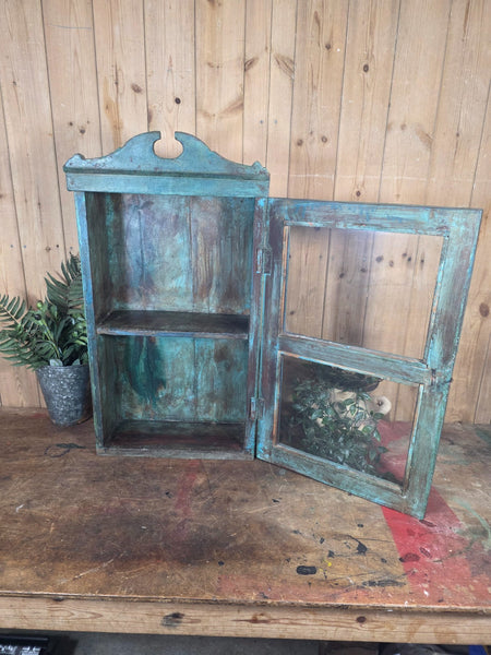 Vintage Indian Wooden Glazed Display Bathroom Kitchen Herb Spice Wall Cabinet