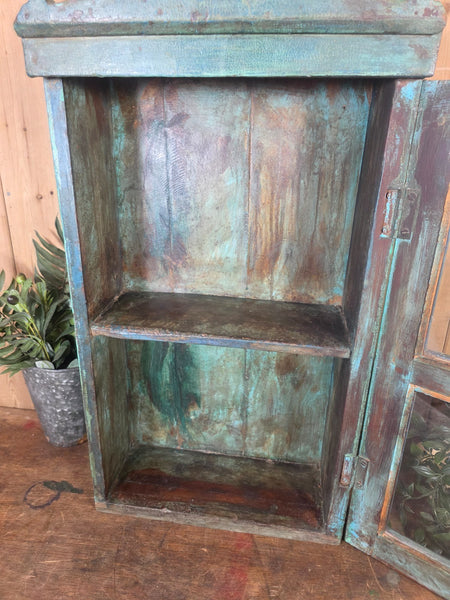 Vintage Indian Wooden Glazed Display Bathroom Kitchen Herb Spice Wall Cabinet
