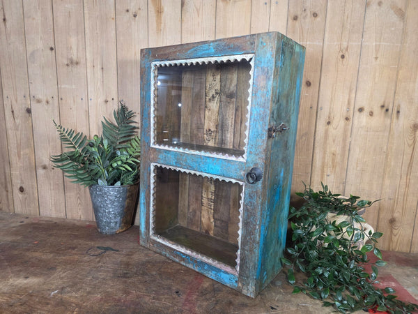 Vintage Indian Wooden Glazed Display Bathroom Kitchen Herb Spice Wall Cabinet