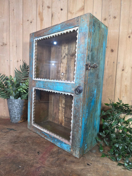 Vintage Indian Wooden Glazed Display Bathroom Kitchen Herb Spice Wall Cabinet
