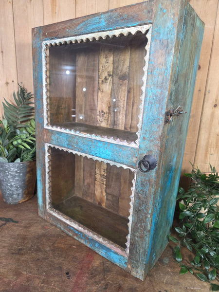 Vintage Indian Wooden Glazed Display Bathroom Kitchen Herb Spice Wall Cabinet