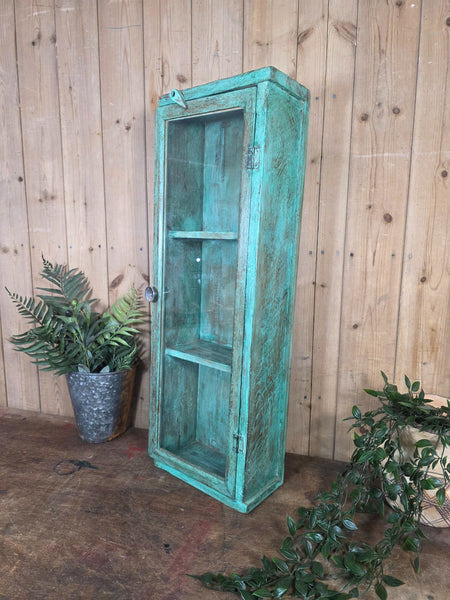 Vintage Indian Wooden Glazed Display Bathroom Kitchen Herb Spice Wall Cabinet