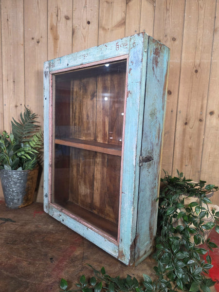 Vintage Indian Wooden Glazed Display Bathroom Kitchen Herb Spice Wall Cabinet