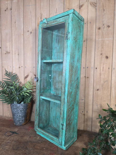 Vintage Indian Wooden Glazed Display Bathroom Kitchen Herb Spice Wall Cabinet