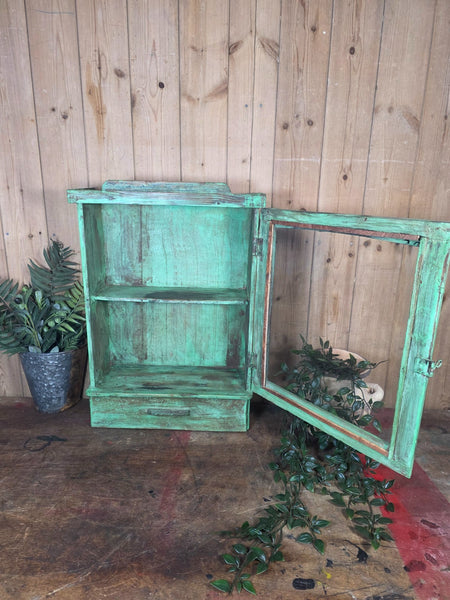 Vintage Indian Wooden Glazed Display Bathroom Kitchen Herb Spice Wall Cabinet