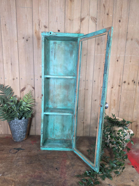 Vintage Indian Wooden Glazed Display Bathroom Kitchen Herb Spice Wall Cabinet