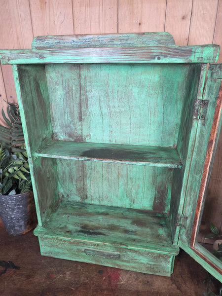Vintage Indian Wooden Glazed Display Bathroom Kitchen Herb Spice Wall Cabinet