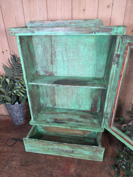 Vintage Indian Wooden Glazed Display Bathroom Kitchen Herb Spice Wall Cabinet