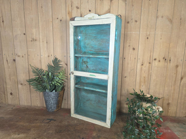 Vintage Indian Wooden Glazed Display Bathroom Kitchen Herb Spice Wall Cabinet