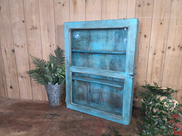 Vintage Indian Wooden Glazed Display Bathroom Kitchen Herb Spice Wall Cabinet