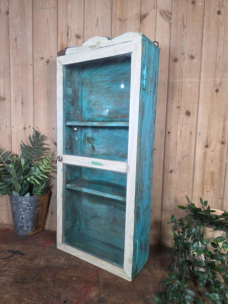 Vintage Indian Wooden Glazed Display Bathroom Kitchen Herb Spice Wall Cabinet