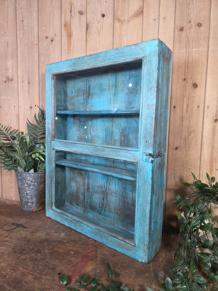 Vintage Indian Wooden Glazed Display Bathroom Kitchen Herb Spice Wall Cabinet
