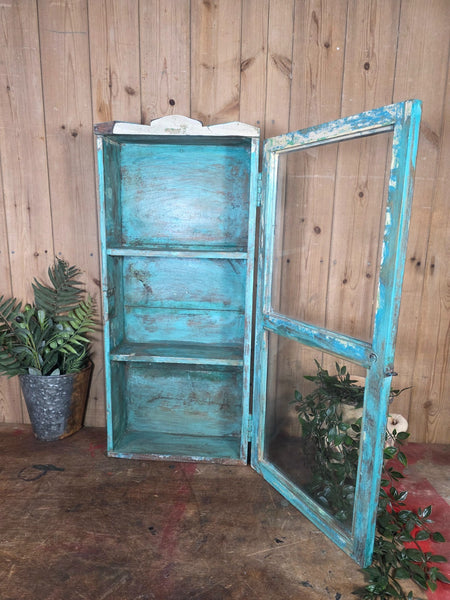 Vintage Indian Wooden Glazed Display Bathroom Kitchen Herb Spice Wall Cabinet