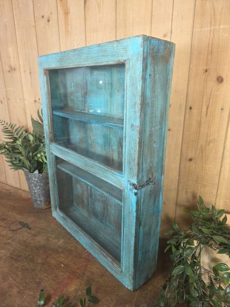 Vintage Indian Wooden Glazed Display Bathroom Kitchen Herb Spice Wall Cabinet