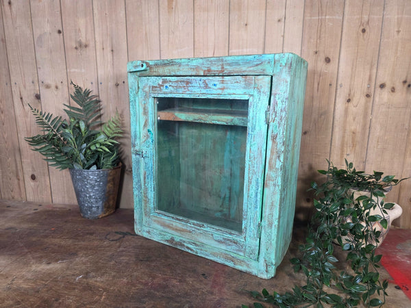 Vintage Indian Wooden Glazed Display Bathroom Kitchen Herb Spice Wall Cabinet