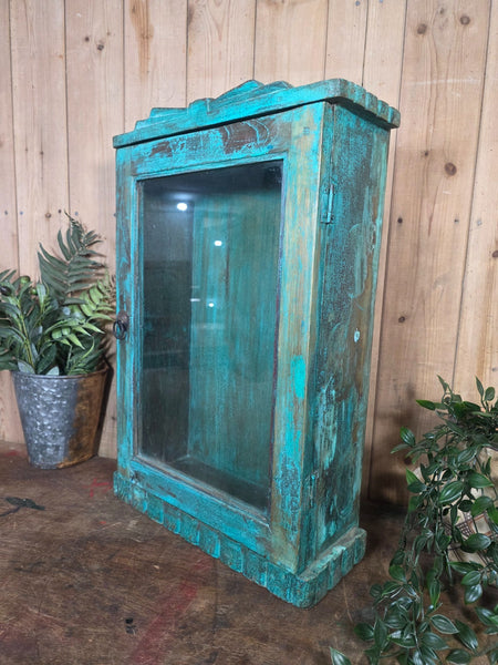 Vintage Indian Wooden Glazed Display Bathroom Kitchen Herb Spice Wall Cabinet