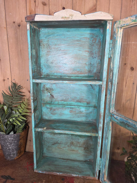Vintage Indian Wooden Glazed Display Bathroom Kitchen Herb Spice Wall Cabinet