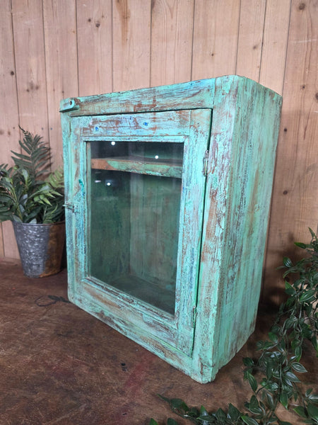 Vintage Indian Wooden Glazed Display Bathroom Kitchen Herb Spice Wall Cabinet