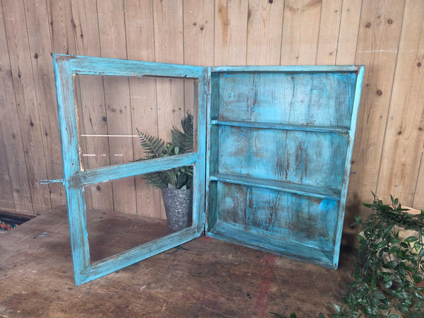 Vintage Indian Wooden Glazed Display Bathroom Kitchen Herb Spice Wall Cabinet