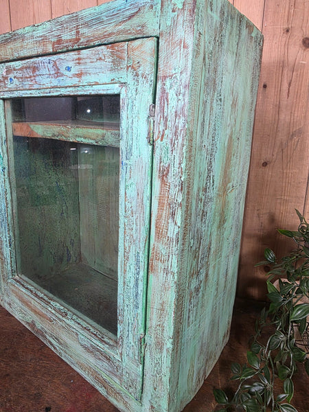 Vintage Indian Wooden Glazed Display Bathroom Kitchen Herb Spice Wall Cabinet