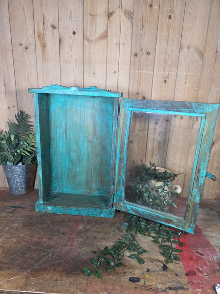 Vintage Indian Wooden Glazed Display Bathroom Kitchen Herb Spice Wall Cabinet