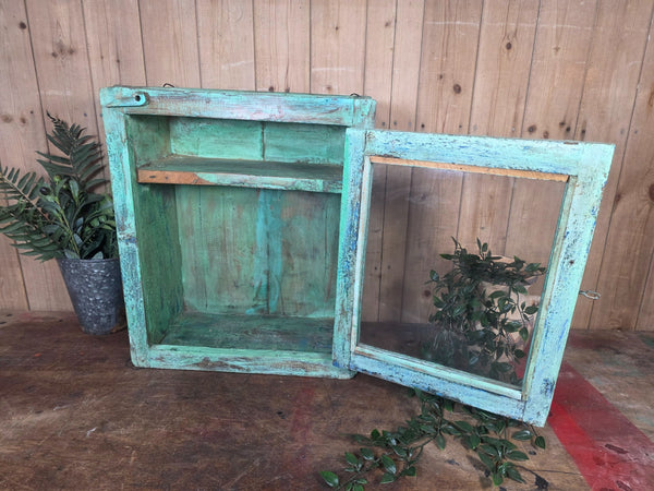 Vintage Indian Wooden Glazed Display Bathroom Kitchen Herb Spice Wall Cabinet