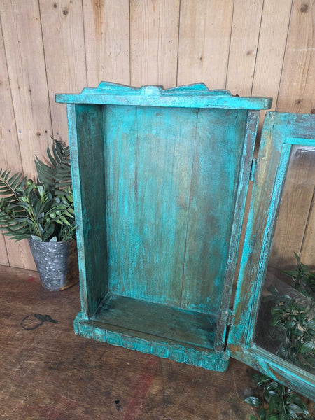 Vintage Indian Wooden Glazed Display Bathroom Kitchen Herb Spice Wall Cabinet