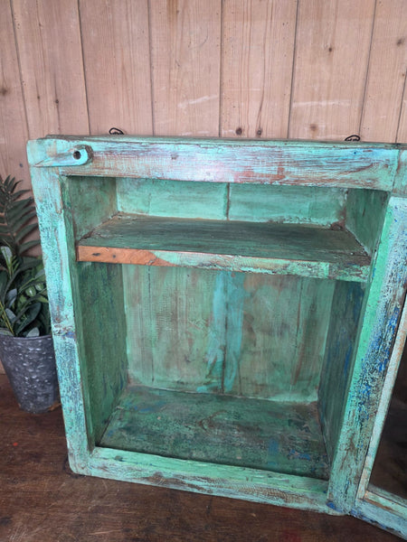 Vintage Indian Wooden Glazed Display Bathroom Kitchen Herb Spice Wall Cabinet