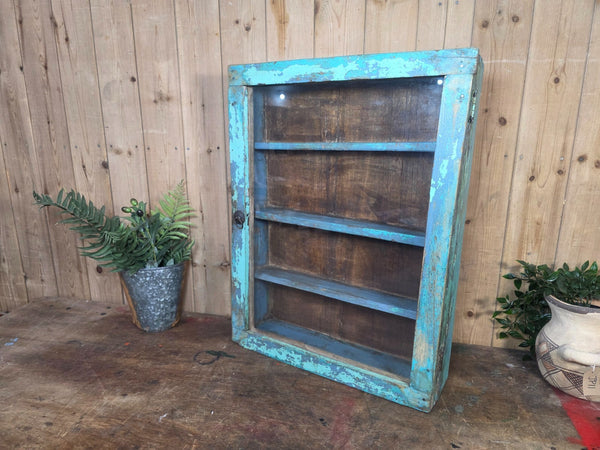 Vintage Indian Wooden Glazed Display Bathroom Kitchen Herb Spice Wall Cabinet