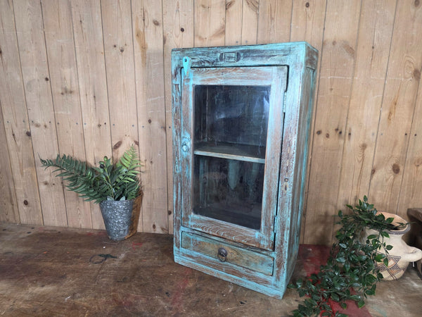 Vintage Indian Wooden Glazed Display Bathroom Kitchen Herb Spice Wall Cabinet