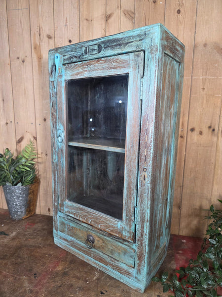 Vintage Indian Wooden Glazed Display Bathroom Kitchen Herb Spice Wall Cabinet