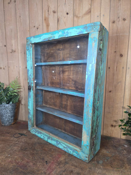 Vintage Indian Wooden Glazed Display Bathroom Kitchen Herb Spice Wall Cabinet