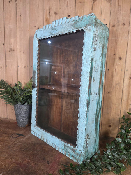 Vintage Indian Wooden Glazed Display Bathroom Kitchen Herb Spice Wall Cabinet