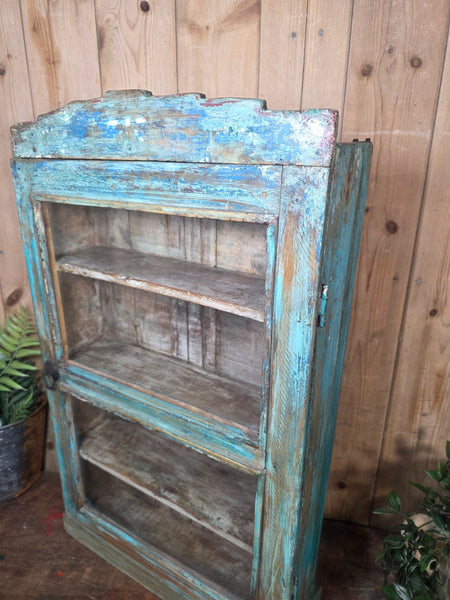 Vintage Indian Wooden Glazed Display Bathroom Kitchen Herb Spice Wall Cabinet