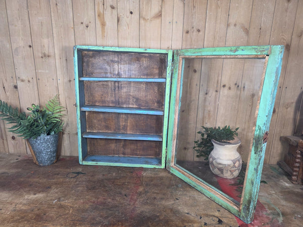 Vintage Indian Wooden Glazed Display Bathroom Kitchen Herb Spice Wall Cabinet