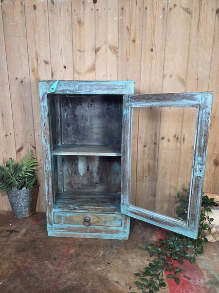 Vintage Indian Wooden Glazed Display Bathroom Kitchen Herb Spice Wall Cabinet