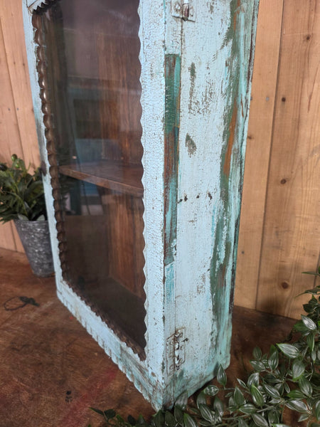 Vintage Indian Wooden Glazed Display Bathroom Kitchen Herb Spice Wall Cabinet