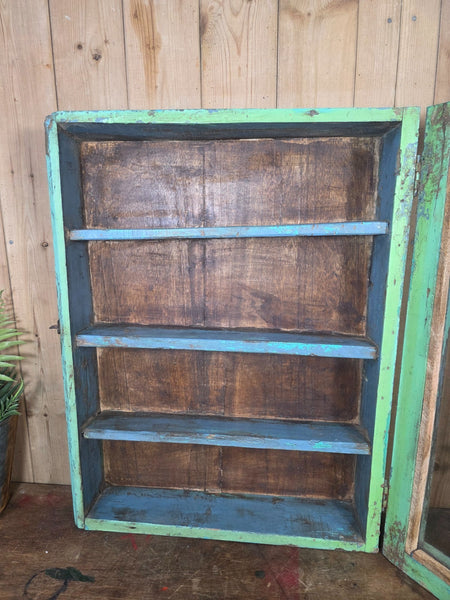 Vintage Indian Wooden Glazed Display Bathroom Kitchen Herb Spice Wall Cabinet
