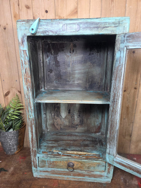 Vintage Indian Wooden Glazed Display Bathroom Kitchen Herb Spice Wall Cabinet