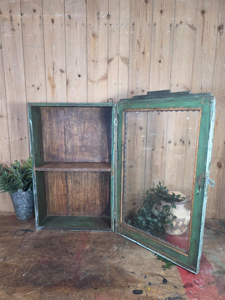 Vintage Indian Wooden Glazed Display Bathroom Kitchen Herb Spice Wall Cabinet
