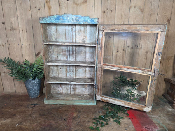 Vintage Indian Wooden Glazed Display Bathroom Kitchen Herb Spice Wall Cabinet
