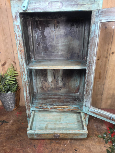 Vintage Indian Wooden Glazed Display Bathroom Kitchen Herb Spice Wall Cabinet