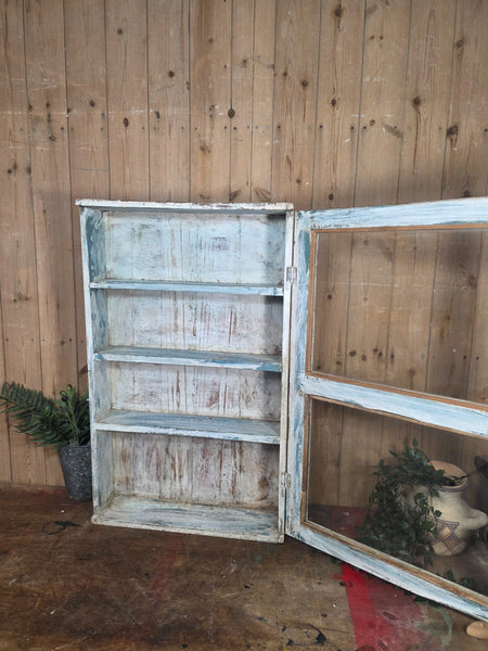 Vintage Indian Wooden Glazed Display Bathroom Kitchen Herb Spice Wall Cabinet