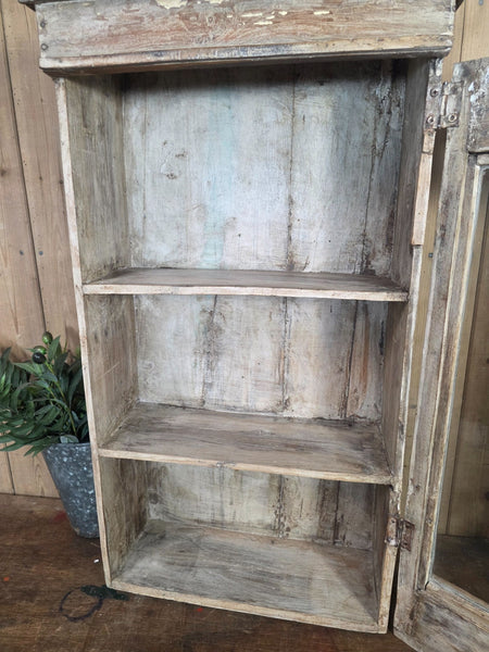 Vintage Indian Wooden Glazed Display Bathroom Kitchen Herb Spice Wall Cabinet