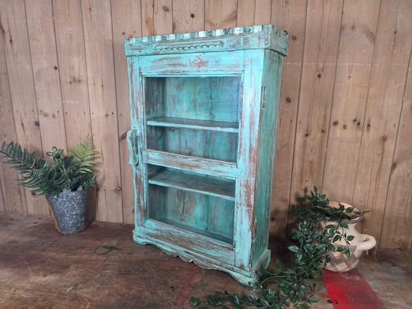 Vintage Indian Wooden Glazed Display Bathroom Kitchen Herb Spice Wall Cabinet