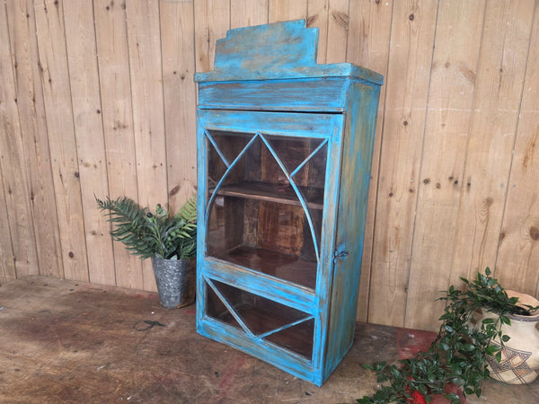 Vintage Indian Wooden Glazed Display Bathroom Kitchen Herb Spice Wall Cabinet