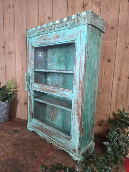 Vintage Indian Wooden Glazed Display Bathroom Kitchen Herb Spice Wall Cabinet