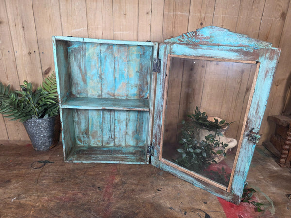 Vintage Indian Wooden Glazed Display Bathroom Kitchen Herb Spice Wall Cabinet