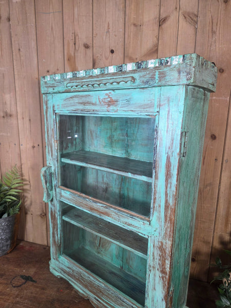 Vintage Indian Wooden Glazed Display Bathroom Kitchen Herb Spice Wall Cabinet