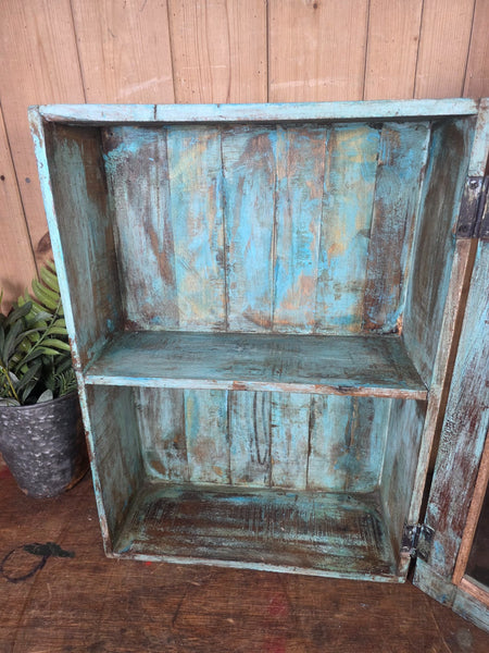 Vintage Indian Wooden Glazed Display Bathroom Kitchen Herb Spice Wall Cabinet